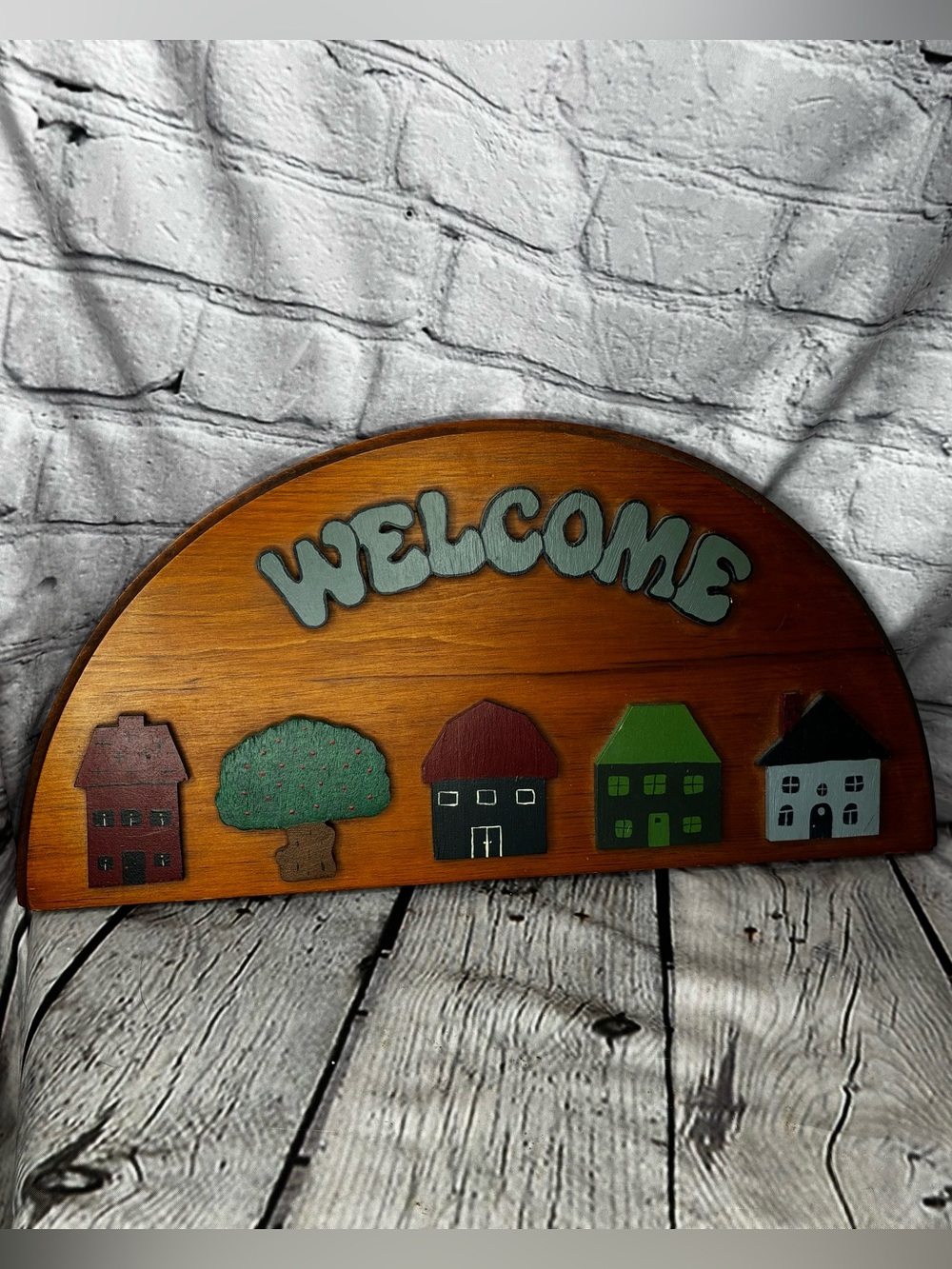 Vtg 90s Whimsical Village Cottagecore Handmade Wood Welcome Entryway Plaque Sign